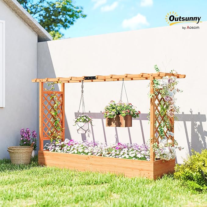 Outsunny Raised Garden Bed with Trellis, Wooden Planter Box with Hanging Roof and Drainage Holes, Outdoor Trellis Planter for Climbing Plants, Vegetables, Herbs and Flowers, 78.7" x 17.3" x 44.7"