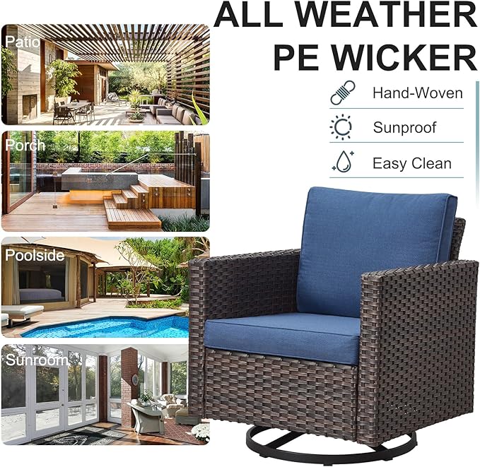 Belord Outdoor Bistro Set 3 Piece Wicker Swivel Rocker Patio Chairs, Oversize Outdoor Rattan Seating Set, Patio Swivel Glider Chairs Wicker Furniture with Metal Side Table for Porch Backyard, Brown