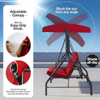 Porch Swing - 3-Seat Patio Outdoor Swing with Canopy for Adultes, Convertible Glider Bed, Thick Removable Cushions & Pillows for Backyard, Porch, Garden - Burgundy