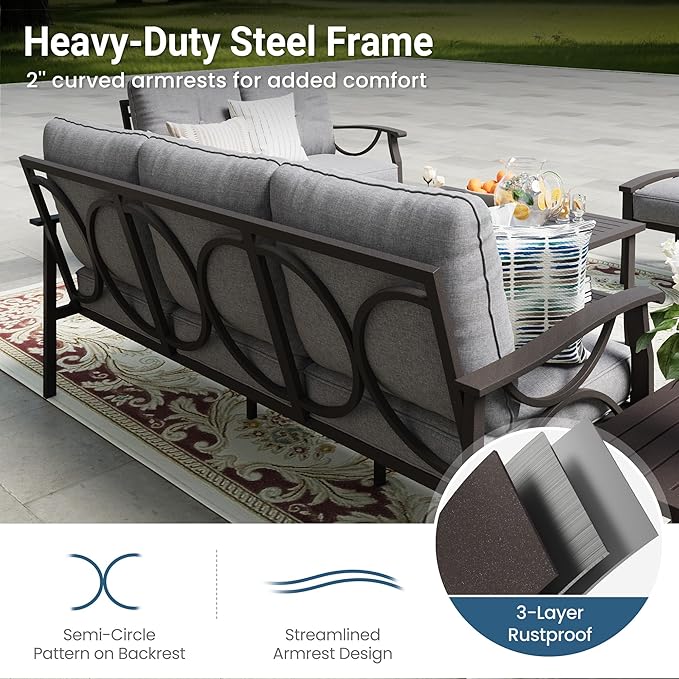 RoyalCraft 2 Pieces Outdoor Single Sofa,All-Weather Patio Metal Armchair,Khaki Metal Furniture with Gray Cushions