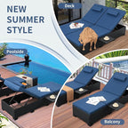 WAROOM Outdoor Chaise Lounge Chairs for Outside Patio Furniture Set of 2 Wicker Recliner Black Rattan Sunbathing Lounger Adjustable Backrest Pool Reclining Chair, Navy Blue Cushion