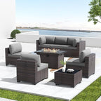 Kullavik 8 Pieces Outdoor Patio Furniture Set with 43" 55000BTU Gas Propane Fire Pit Table PE Wicker Rattan Sectional Sofa Patio Conversation Sets,Grey