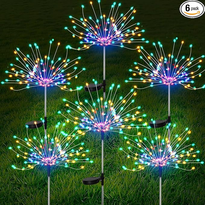 FOOING 6 Pcs Solar Garden Lights Solar Firework Lights, 200 LED String Light 2 Modes Twinkling Nightlight for Outside, Wedding, Party, Patio for Home Decor (Colorful)