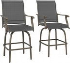 Outsunny Set of 2 Outdoor Swivel Bar Stools with Armrests, Bar Height Patio Chairs with Steel Frame for Balcony, Poolside, Backyard, Black