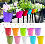 10 Pcs Fence Planters, 4" Metal Hanging Pots Plant Holder with Detachable Hook & Drainage, Railing Planter Flower Pot for Indoor Outdoor Balcony Patio Garden