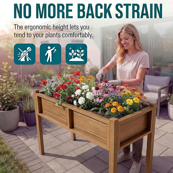 YITAHOME Elevated Garden Bed HDPE Raised Garden Bed with Legs & Drainage Hole Poly-Wood Weatherproof Elevated Planter Box Patio Planters for Vegetables Flowers Plant Bed for Garden, Teak
