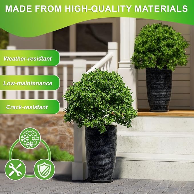 QCQHDU Set of 2 Large Tall Blue Planters with Saucer - 9 Gallon 12" Diameter x 21" H Faux Stone Round Pots for Indoor Plants, Outdoor Patio & Porch Decor, Heavy Duty Weatherproof Plant Containers