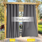 NICETOWN 2 Panels Outdoor Curtains for Patio Waterproof & Windproof, Extra Wide Grommet & Back Tab on Top & Bottom Thermal Insulated Sun Blocking Drapes with Rope for Gazebo, Grey, W100 x L108