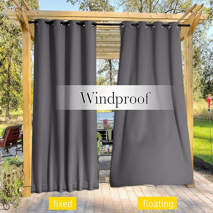 NICETOWN 2 Panels Windproof Blackout Outdoor Curtains for Patio Waterproof, Grommet & Back Tab on Top & Bottom Heavyweight Drapes Privacy for Pergola with Bouns Rope for Fixed, Grey, W46 x L80