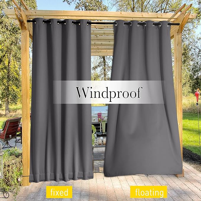 NICETOWN 2 Panels Weighted Blackout Curtains for Patio Waterproof, Top & Bottom Grommet & Back Tab Fixed Outdoor Curtains Windproof Drapes Thermal Insulated for Porch, W84 x L84, Grey