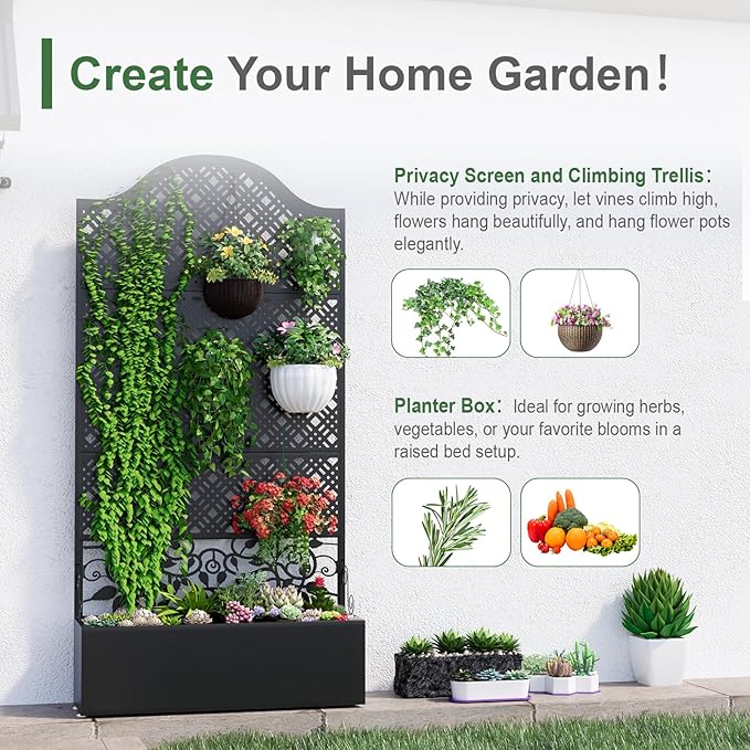 Metal Raised Garden Bed with Trellis & Privacy Screen - 83"x40"x11.8" Freestanding Planter Box for Patio Balcony, Modern Planter with Drainage Holes for Climbing Plants, Flowers & Vegetable
