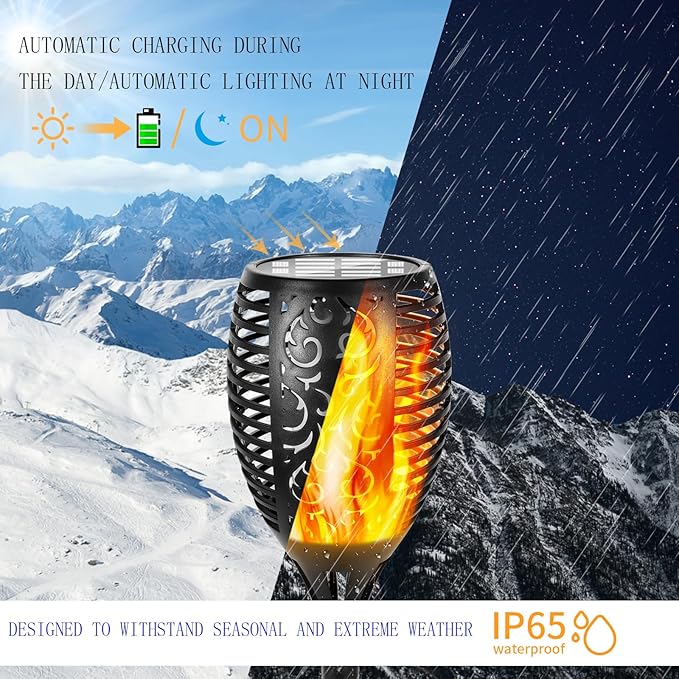 Torches with 96 LED Flickering Flames, IP65 Solar Powered, 2 Pack