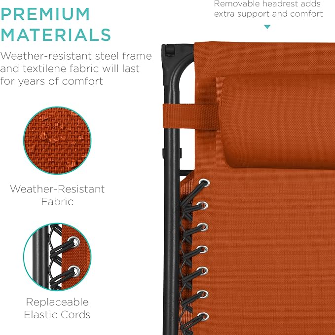 Best Choice Products 30” Wide Folding Zero Gravity Outdoor Recliner Patio Lounge Chair w/Adjustable Canopy Shade, Headrest, Side Accessory Tray - Burnt Orange