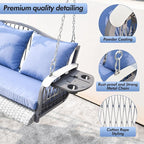 Wicker Porch Swing Heavy Duty 900 LBS 3-Seat Outdoor Patio Swing Chair with Cushions & 8.9ft Chains Outdoor Hanging Bench with Upgraded Cup Holders for Garden Deck Backyard
