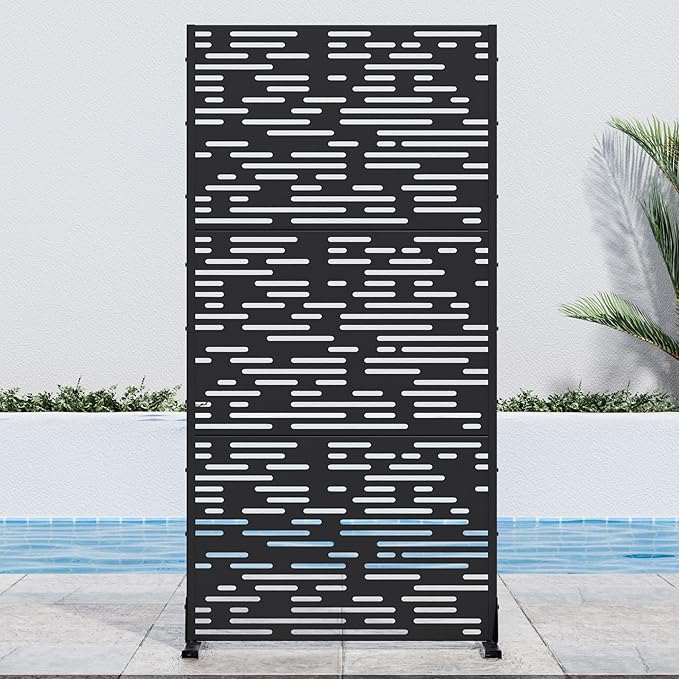 Casaphoria 72" H x 35" W Metal Outdoor Privacy Screen, Freestanding Decorative Divider for Patio, Deck, Balcony, and Garden with Stable Base, Black-Godfery