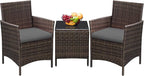 Greesum 3 Pieces Patio Furniture Sets Outdoor PE Rattan Wicker Chairs with Soft Cushion and Glass Coffee Table for Garden Backyard Porch Poolside, Brown and Gray