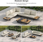 homary 6 Piece Aluminum & Teak Outdoor Sofa Set, Patio Sofa Seat L-Shaped Outdoor Sectional Sofa Set with Adjustable Backrests, Waterproof, Fade Resistant Cushions Ideal for Patios & Balconies,Beige