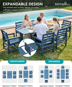 SERWALL Outdoor Expandable Dining Table 60" - 83", Patio Dining Table for 4-10 People, All Weather HDPE and Aluminum Outdoor Furniture for Backyard, Garden, Blue