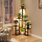 Corner Plant Stand Indoor with Grow Lights, 6 Tiered Corner Plant Shelf Flower Stand for Multiple Plants, Plant Shelves Organizer Rack for Living Room, Balcony, Patio, Square Rustic Brown