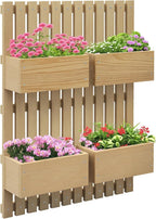 Outsunny 4 Box Raised Garden Bed with Trellis for Vine Flowers & Climbing Plants, 31.5" Tall Wall-Mounted Wood Planter Box Set with Adjustable Height, Drainage Hole, Natural
