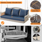 Upgraded Wicker Hanging Porch Swing Heavy Duty 900 LBS 3-Seat Outdoor Patio Swing Chair Bench for Adult w/ 8.9ft Hanging Chains Cushions and Cup Holder(Grey/Blue)
