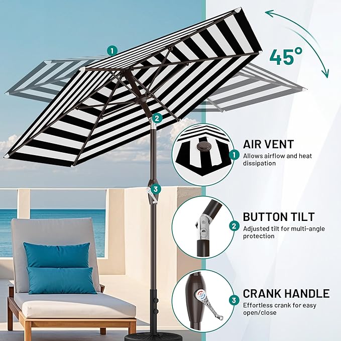 AreShark 7.5FT Patio Umbrella Table Market Umbrella with 6 Sturdy Ribs, Button Tilt/Crank, Heavy-Duty Outdoor Umbrellas for Pool, Deck, Garden and Backyard, Black & White Stripe