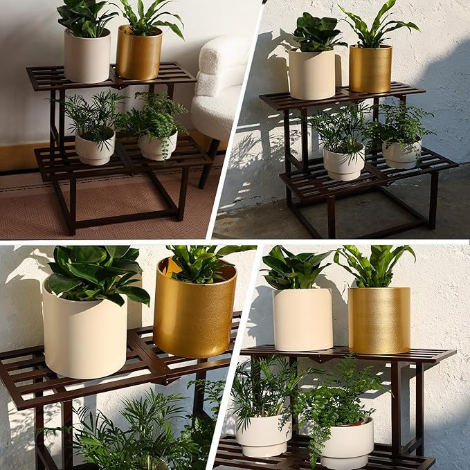 Metal Plant Stand, Foldable Heavy Duty Indoor, Window Iron Plant Shelf - Mid Century Modern Slatted Display for Patio, Garden, Living Room Load Bearing 330 lbs 26" L x 20.2" H x 17.7" W 2 Tier Coffee