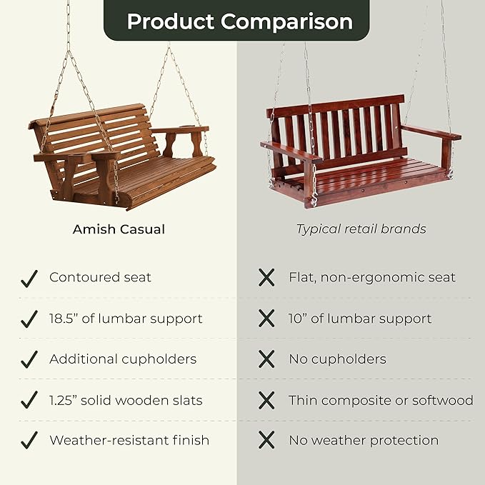 Amish Casual Roll Back Swing, 3-Foot, Semi-Solid Black Stain, Chains, with cupholders