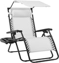 Best Choice Products Folding Zero Gravity Outdoor Recliner Patio Lounge Chair w/Adjustable Canopy Shade, Headrest, Side Accessory Tray, Textilene Mesh - Snow/Black