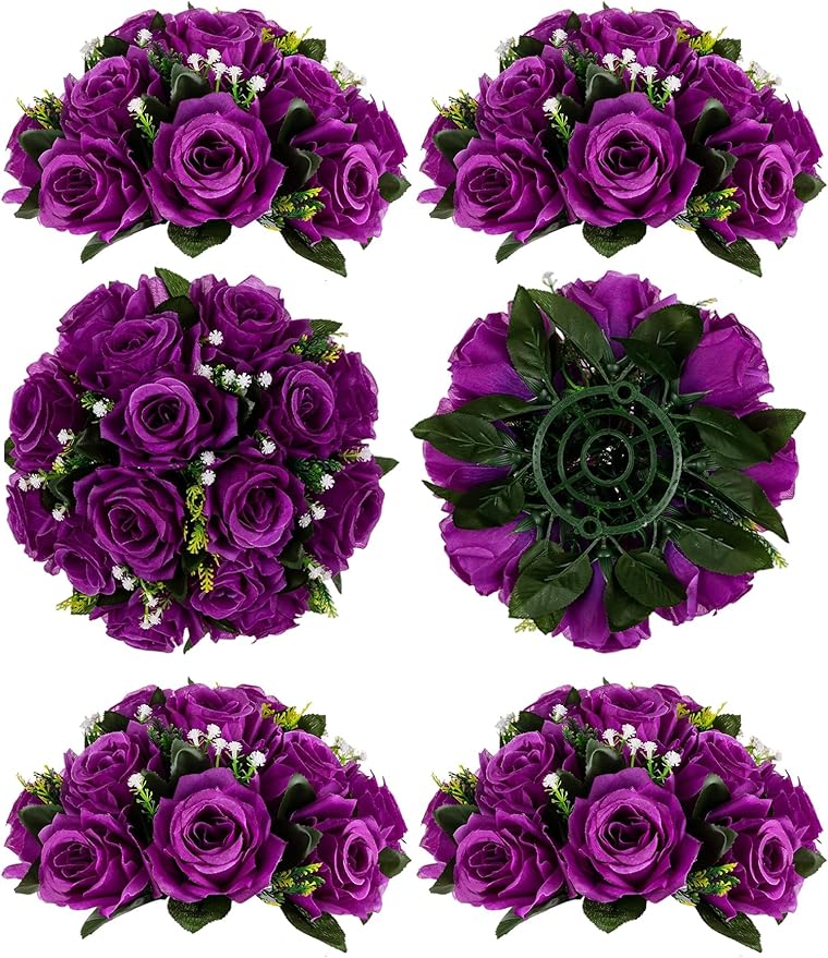 Artificial Rose Flower Balls, Purple Silk, 6 Pack for Centerpieces