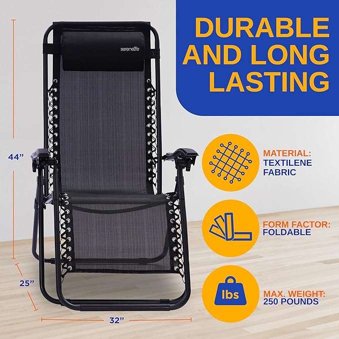 SereneLife Outdoor Zero Gravity Lounge Chair Set with Table – 2 Adjustable Recliners with Cup Holders, Headrest, Steel Frame & Foldable Design for Patio, Pool, Garden, or Camping