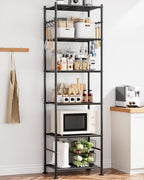 Storage Shelves - 6-Tier Large Capacity Shelf Organizer with Hooks, Heavy-Duty Garage Shelving with Leveling Feet, Wobble-Free Rack for Bedroom, Balcony, Garage, 18.1"×12.4"×70.1", Black