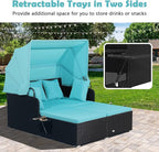 Salches Outdoor Daybed, Patio Daybed with Retractable Canopy, High-Resilient Soft Cushions, Foldable Side Trays, Outdoor Bed Loveseat for Garden, Backyard, Porch (Turquoise)