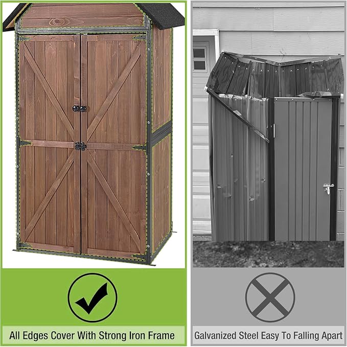 Outdoor Storage Shed Cabinet with Adjustable Shelves, Dark Brown Fir and Metal