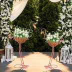 Set of 2 Pink Flamingo Outdoor Planters with Basket, Metal Flamingo Planter for Indoor Outdoor Garden Yard Decor