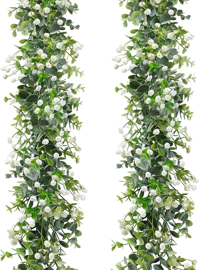 Artificial Plants Greenery Garland, 2 Pack, 6 Ft Each, White Flowers
