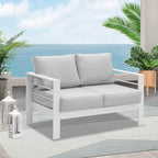 Wisteria Lane Patio Furniture Aluminum Loveseat, All-Weather Outdoor 2 Seats Sofa Couch, White Metal Chair with Light Grey Cushions
