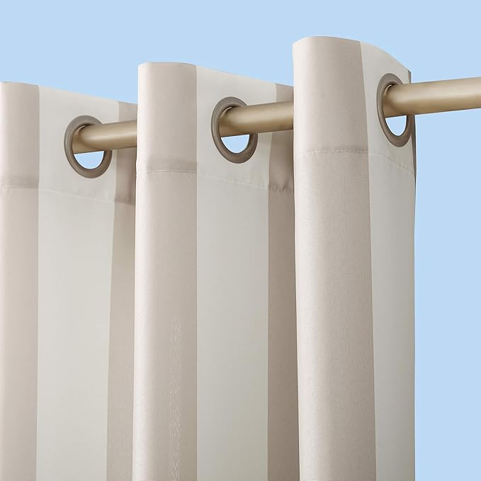 Sun Zero Valencia Cabana Stripe Indoor/Outdoor UV Protectant Energy Efficient Grommet Curtain Panel Pair, 54" x 84", Khaki, 2 piece set