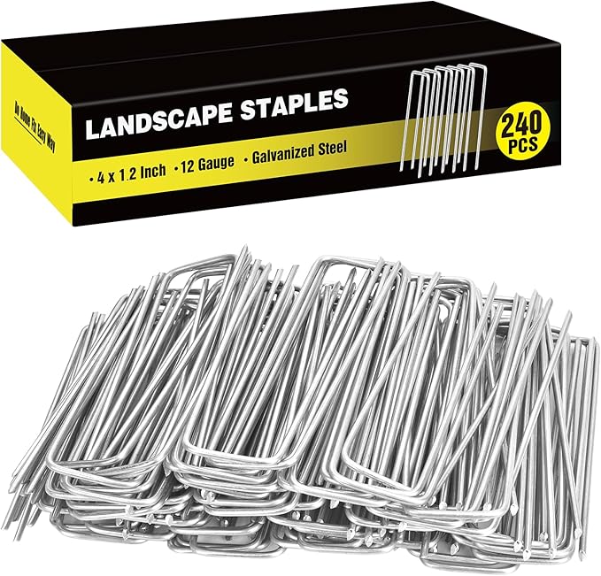 HongWay 240 Pack 4 Inch Landscape Staples, Garden Staples 12 Gauge Galvanized Ground Stakes Lawn Yard Staples SOD U-Shaped Pins for Landscaping Fabric, Irrigation Tubing Hose
