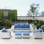 Belord Wicker Patio Furniture 5 Piece Outdoor Sofa Set, Oversize Outdoor Dining Chairs with Rattan Ottomans, Conversation Sets Patio Furniture Come with Removable Washable Cushion Blue, Light Grey