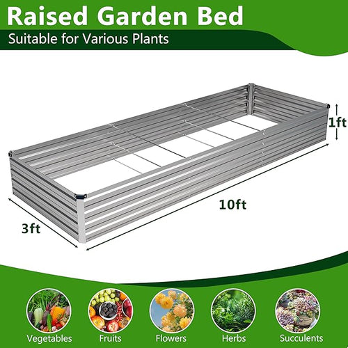 2PCS 10x3x1ft Galvanized Raised Garden Bed Kit,Metal Planter Box for Vegetables,Flowers,Herbs Durable Rust-Resistant Patio Gardening Beds,Silver
