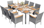 Greesum 9 Pieces Outdoor Patio Dining Set, Conversation Sets with 1 Table and 8 Rattan Chairs with Curved Acacia Wooden Armrests and Cushions, Grey