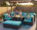 NICESOUL Big Size 9 Piece Patio Furniture Set with Fire Pit Natural Gas & Propane, 29.3'' High Back Comfy Outdoor Rattan Conversations, Wide Seats Couches for Outside, 2 Color Cushions Teal & Gray