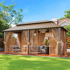 Aoxun 20x12 Gazebo Outdoor Hardtop Gazebo with Double Galvanized Steel Roof, Metal Frame Pavilion with Breathable Netting and Privacy Curtain for Backyard (Brown)