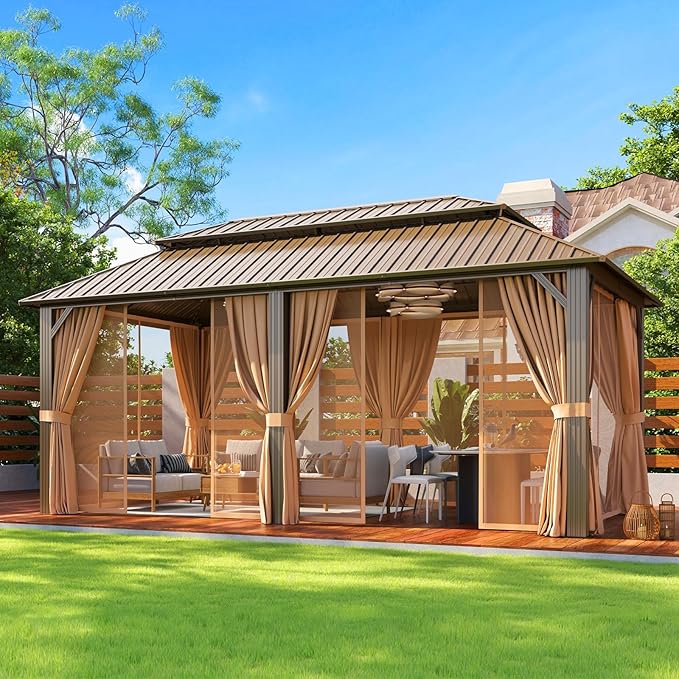 Aoxun 20x12 Gazebo Outdoor Hardtop Gazebo with Double Galvanized Steel Roof, Metal Frame Pavilion with Breathable Netting and Privacy Curtain for Backyard (Brown)