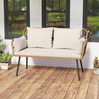 Tangkula Patio Wicker Loveseat, Outdoor Rattan 2-Seat Cushioned Sofa with Heavy Duty Metal Frame, for Backyard,Porch,Poolside (Off White)