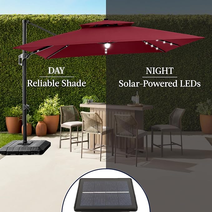 Best Choice Products 9x12ft LED Cantilever Patio Umbrella w/Base Included & 360° Rotation, Large Solar Offset Hanging Outdoor Sun Shade for Deck, Backyard Table w/Stand & Lights – Burgundy