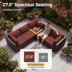 NICESOUL 7 Piece Modular Outdoor Furniture Set with Firepit Natural Gas&Propane, 29.3'' High Back L-Shaped 6-Seater Patio Wicker Sectional Sofa Couch Sets for Tall People, Brown Rattan and Red Cushion