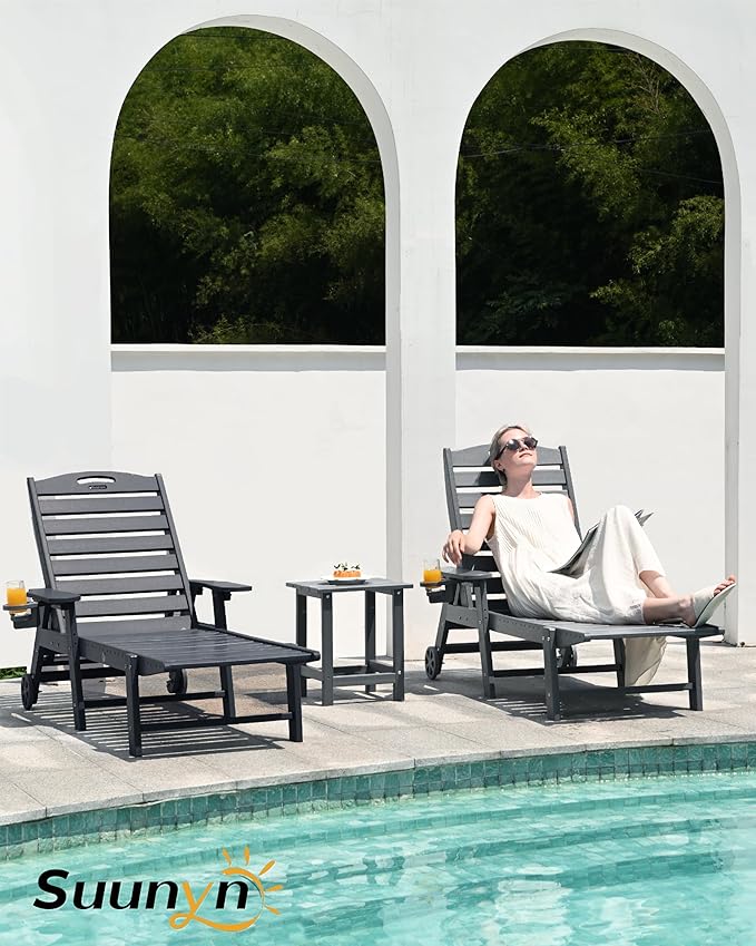 Lounge Chair Outdoor, Chaise Lounge Outdoor, HDPE 6-Position Lounge Chair for Outside, Patio Lounge Chair with Wheels & Cup Holder for Pool Poolside Deck Backyard, Darkgrey
