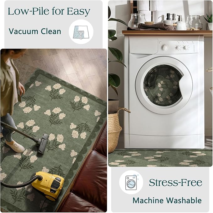 Outdoor Rug 3x5 ft Washable Floral Entryway Mat in Sage Green